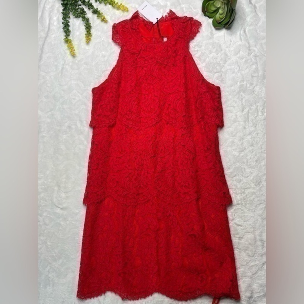 Reiss Sophia Tiered Lace Overlay High Neck Sleeveless Dress in China Red NWT 10